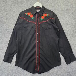 Vintage ELY DIAMOND Shirt Mens L Black AMERICAN ROSE Western Pearl Snap Cowboy‎